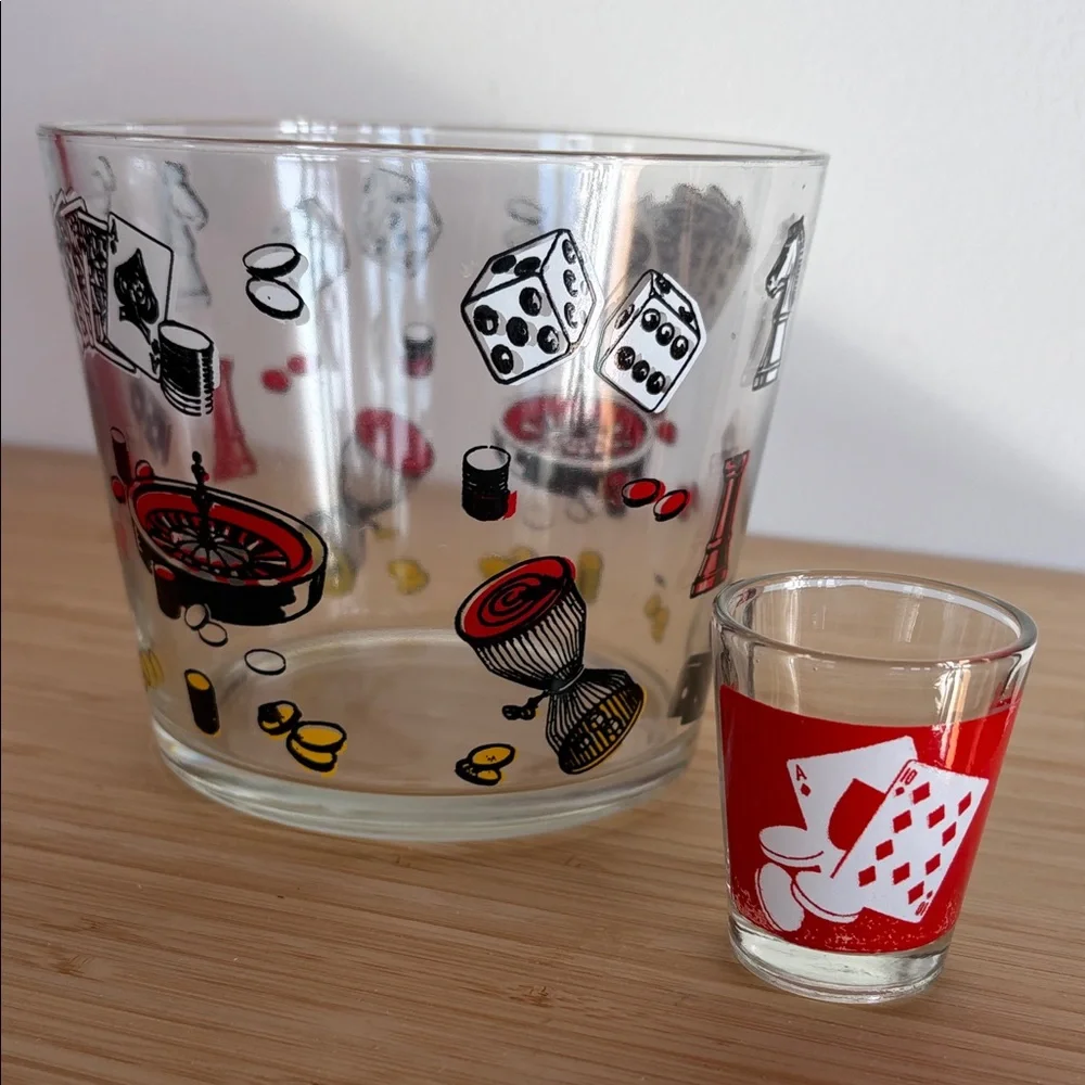 Vintage Casino Gambling Hazel Atlas Ice Bucket MCM 1950's + Vegas Shot Glass